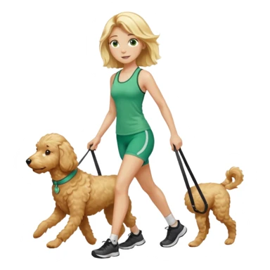 Girl with shoulder length, blonde hair, green eyes, in  fitness clothes, walking a golden doodle sticker