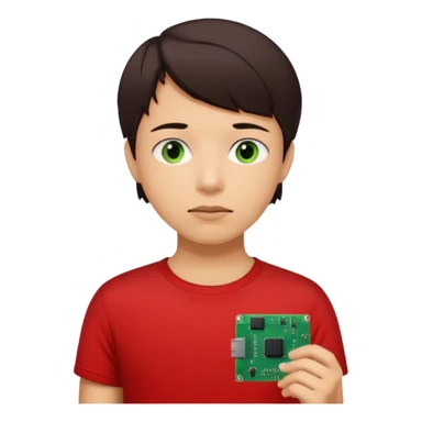 A young person wearing a red T-shirt indoors, short dark hair, holding a small green electronic circuit board near the mouth in a thoughtful pose. Warm natural lighting, window with blinds in the background, casual tech-inspired vibe. sticker