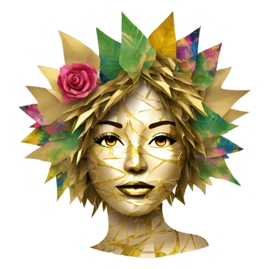  Hemp 420 lady face melting gold drizzle kintsugi multicoloured funky palm leaves tropical made of 420 origami newspaper roses hemp leaves bokeh and paper and hemp leaves in hair sticker