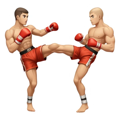 An icon showcasing a kickboxer in action, using precise techniques with both feet and elbows. One fighter delivers a powerful kick to the opponent's legs, while the other counters with an elbow strike. The background features a ring and a dynamic atmosphere. Transparent background  sticker
