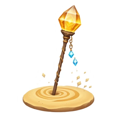 desert sand mage staff object icon, ancient wooden staff, swirling sand crystal on top, glowing golden aura, small floating sand particles, fantasy desert style, 3D cartoon, mobile game icon style, centered, clean background, soft shadow, no text, no watermark
 sticker