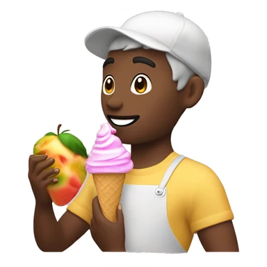 persona sosteniendo en una mano una fruta y en la otra un helado sticker