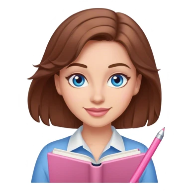 female writer happy, brown hair and blue eyes writing a light pink romance novel sticker