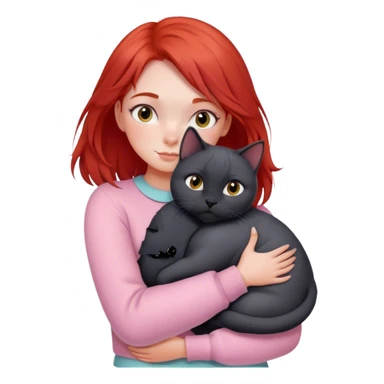 
a girl with red hair in pastel clothes hugs a black British cat sticker