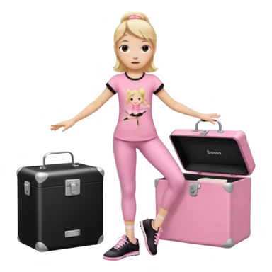 Hiphop dancer, with cute big pants, sneakers, and t-shirt. White girl blond. Coloufull shirt. No pocket pants. Dancing. Pink and black plain outfit. No sweatbands on the wrist, black music box behind her. Ballerina pose. The third on is amazing. With nothing on the shirt sticker