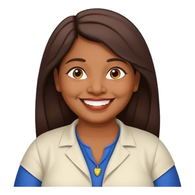 50 yr old chubby Sri Lankan woman, dark skin, straight brown hair, big smile, white teeth, european clothes, hair sticker