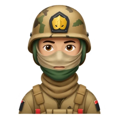 
an Iraqi soldier with a serious face, wearing a helmet and a balaclava covering his mouth sticker