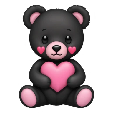 Black teddy bear holding a pink heart sticker