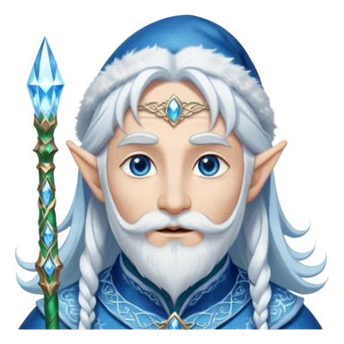 Legendary fantasy Christmas elf portrait icon, Santa Claus and Snow Maiden inspired, ancient winter spirit style, long flowing white-blue hair, glowing frost eyes, crystal staff, elegant elven features, divine winter magic aura, icy silver color palette, highly detailed but clean emoji icon male sticker