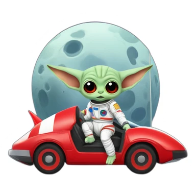 zombie michael jackson in thriller as baby yoda unicorn driving a red ferrary in an astronaut suit with peace flag on the moon sticker