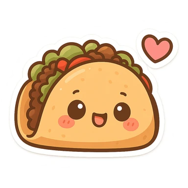 chibi sticker-style taco with a heart accent, cute and exaggerated sticker