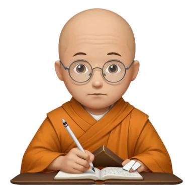 A bald scholar monk with round glasses, writing notes with quiet concentration.
 sticker