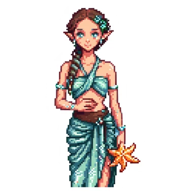 elf female Sarong with bioluminescent embroidery, armful of starfish, hair in a braid with pearl pins sticker