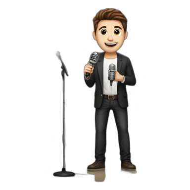  men with brown hair and light skin with microphone stand in front of him with show spotlights on a stage and many lights and spotlights on a raised stage sticker