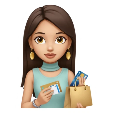 a pretty bratz fair indian girl wearing a beige sleeveless turtleneck, golden earrings, straight ling hair, holding bank cards, dark brown hair, carrying shopping bags sticker