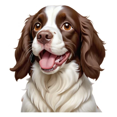 Cinematic Cute Yawning Springer Spaniel Portrait Emoji, Head tilted slightly with a dramatic, wide-open yawn, showcasing a smooth Fur of liver and white with crisp markings, floppy ears slightly drooping, round brown eyes barely open in drowsy contentment, Simplified yet irresistibly adorable features, highly detailed, glowing with a soft, cozy glow, high shine, relaxed yet expressive, stylized with a touch of whimsy, bright and endearing, soft glowing outline, capturing the essence of a sleepy yet affectionate companion, so drowsy it feels like it could stretch right out of the screen and curl up for a nap! sticker