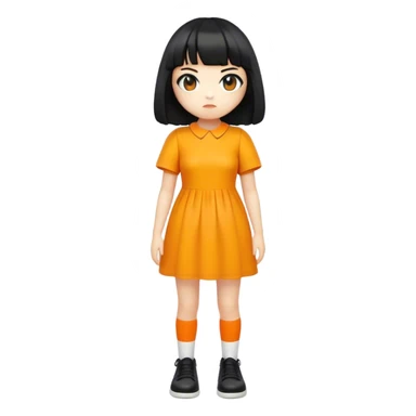 “A full-body emoji-style illustration of the Squid Game doll, designed in the aesthetic of iPhone emojis. The doll has a round face, short black hair with bangs, and wears an orange dress with a yellow shirt underneath. Her legs are covered with white socks, and she wears black shoes. She stands upright with a neutral but slightly eerie expression. The style is clean, simple, and polished, resembling Apple’s emoji set with smooth gradients and minimal shading. The background is plain or slightly blurred to keep the focus on the character.” sticker