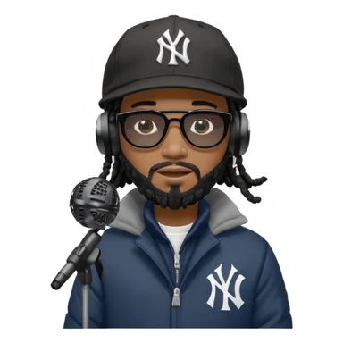 African American man with shoulder length black dreadlocks with black beard wearing black sunglasses wearing a New York Yankees logo baseball cap wearing a black bubble winter coat wearing headphones rapping into recording studio microphone with a mic cover sticker