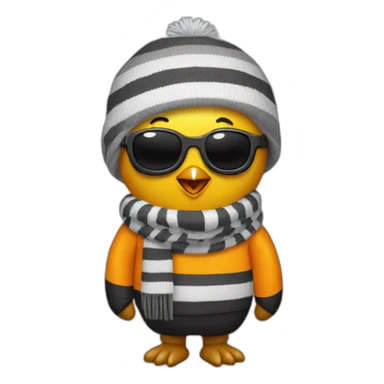 Club-Pengun-yellow penguin with black glasses dirtyblonde hair with orange tshirt and gray striped scarf sticker