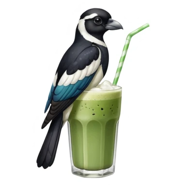 It’s an Australien Magpie sitting on an iced matcha latte on the edge of the glass. It has green matcha on its beak indicating it drank. The iced matxha latte is in a see through glass and white from the oat milk on the bottom and green on top…and there is a straw in the drink and ice cubes sticker