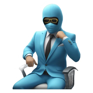 Grand thief's Light blue Suited and Masked Human character reminiscent of a GTA setting in the office in front of computer  stock market gallery and NFTs in the background. sticker