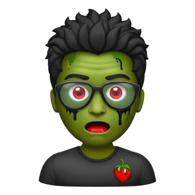 Crie um zumbi com sangue estilo emoji do iPhone com cabelo ondulado grande preto com camiseta preta e óculos de grau preto sticker