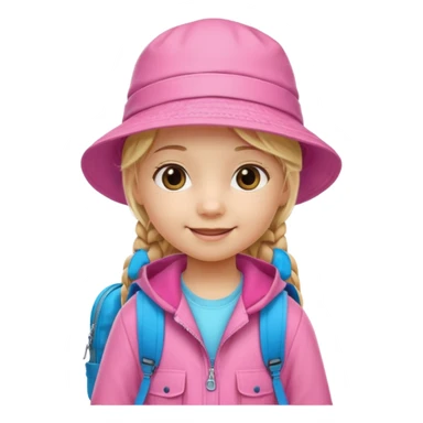 Little girl kid student, long braid blonde, wears pink bucket hat and jacket, backpack, happy sticker