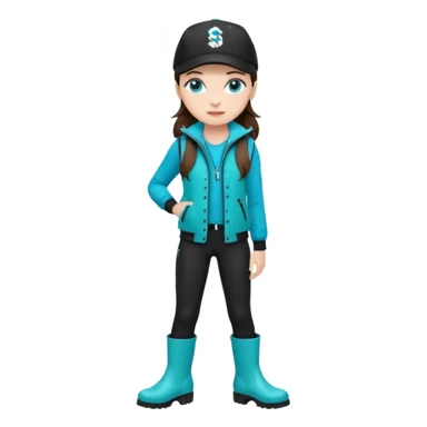 A landscaper in a beautiful turquoise jacket, turquoise rubber boots, and black pants. Over the turquoise jacket, she wears a black sleeveless vest. On her head, she wears a black Swissotel baseball cap. The girl is a brunette with blue eyes. sticker