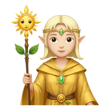 {
      "type": "human",
      "look": "light elf healer, golden robe, staff with leaf and sun motif",
      "description": "a light elf healer wearing a golden robe and holding a staff with leaf and sun symbols"
    } sticker