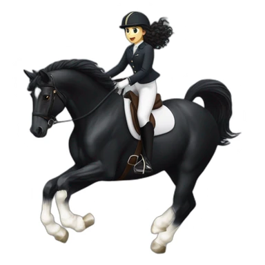 a  JET BLACK HORSE JUMPING AN OBTACLE, THE HORSE HAS A WHITE BLAZE AND THREE WHITE SOCKS. tHE HORSES RIDER IS A YOUNG FEMALE WITH LONG CURLY BRUNNET HAIR sticker