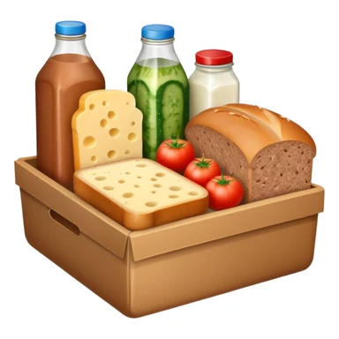 a box of groceries, sausage, cheese, canned meat, herbs, milk, tomatoes, cucumbers, and a loaf of bread sticker