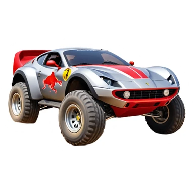 Satan’s RedBull Ferrari-colored Dirty and dented Local Motors Rally Fighter off road race car hot rod trophy truck-style basher flying on a dusty road (silver wheels) sticker