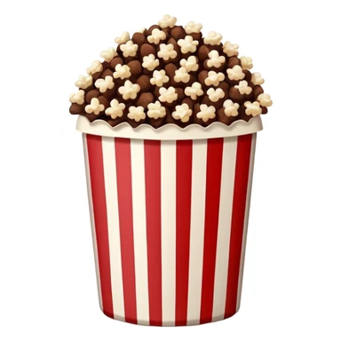 Chocolate brown popcorn in a paper jar with red and white vertical lines sticker