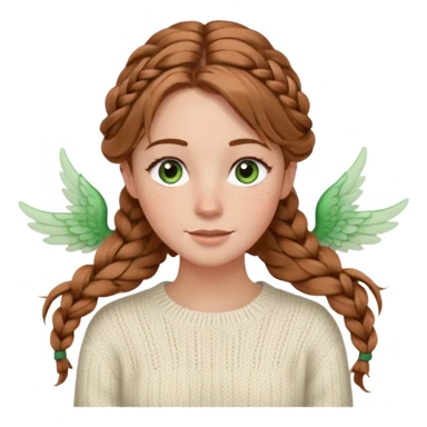 light brown hair hazel/green eyes woman with a white cable knit sweater and one braid down her back  with tendrils of hair flowing down her face and she is happy pale, some freckles, blush. she has a cateye wing and long lashes sticker