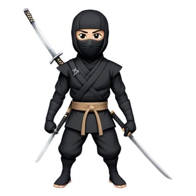 A emoji cartoon-style digital illustration of a ninja dressed in a half black outfit with a face mask, leaving only the eyes visible. The ninja has a serious and focused expression. A katana sword is strapped to their back, with the handle visible over one shoulder. The background is plain white sticker