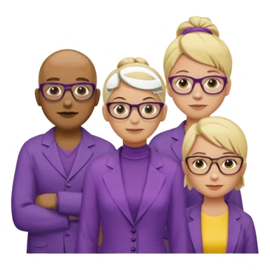 FIVE person team; 2 men and 3 women.  All dressed in yellow or purple.  2 caucasian women have blonde and 1 has ash blonde hair tied up.  1 man is African-american and bald, 1 man is caucasian and very little hair left.  All have glasses sticker