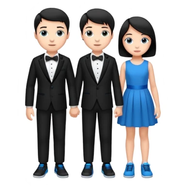 generate a pretty bratz fair skinned boy with short black hair wearing a black tux with blue sneakers .with a girl in a pink dress sticker
