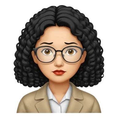 manager, middle-aged Asian woman, long curly hair, small rectangular metal glasses, serious look sticker