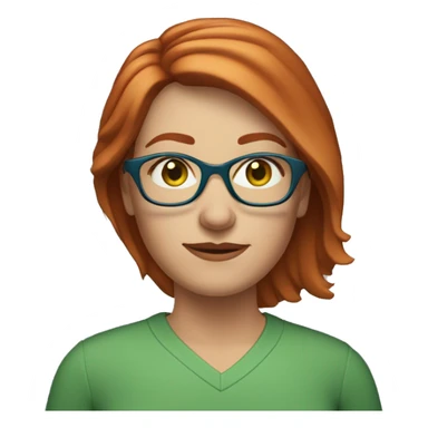 Middle age Caucasian woman with choppy straight chin-length highlighted red hair and blue eyes and green glasses sticker