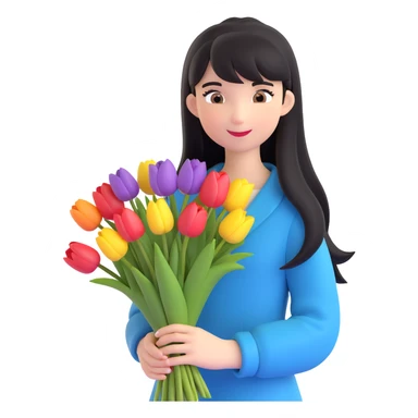 girl with long black hair and thin bangs, picking a bouquet of tulips in the garden sticker