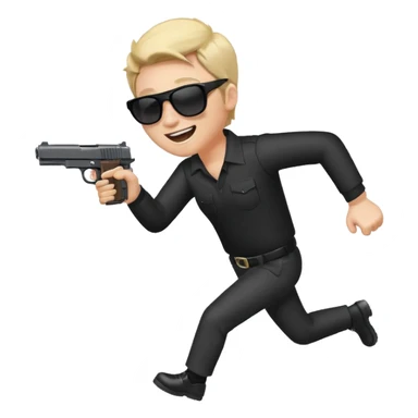 Quiero un emoji con lentes negros con una pistola automática en la mano riéndose y pasandose la pistola por la cara sticker