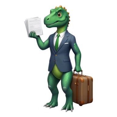 office Dinosaur in a suit, a huge luggage full of papers, trip sticker