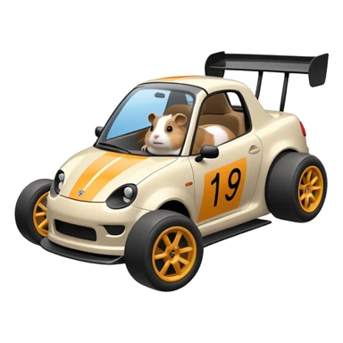 Racing drift car whose frame and suspension is made of shopping cart material with a large rear spoiler is being professionally steered driven by a small thin Guinea pig  sticker