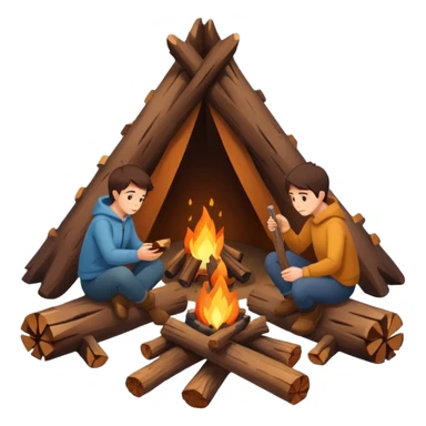 A cozy campfire emoji with two logs and glowing embers, with subtle human silhouettes sitting around. Warm tones, minimal flat emoji style, white background. sticker