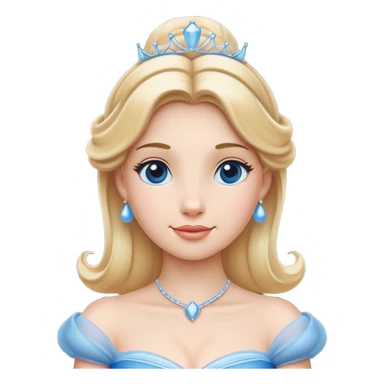 Cinematic Elegant Cinderella Portrait Emoji, rendered in a realistic, vector-style with minimal shading and bold, simplified shapes. Depict Cinderella in her classic ball gown (chest and above) with fair, porcelain skin and elegantly styled blonde hair, her eyes soft and kind, and her expression serene and graceful. The design glows with a gentle, enchanting radiance and high shine, capturing the timeless beauty of a fairy tale princess. sticker