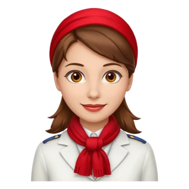 Female flight attendant, with red scarf, white shirt, brown hair, brown eyes, iOS emoji-type face, fair skin  sticker