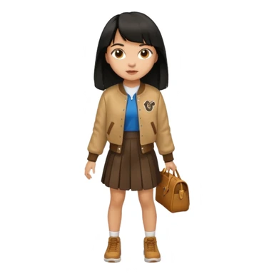 black color long hair with fringe, light skin long hair girl with brown varsity jacket and long skirt walking

 sticker