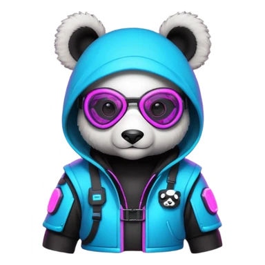 cute cyberpunk panda, neon hoodie, cyber goggles, glowing patterns, futuristic armor details, 3D cartoon, mobile game icon style, clean background, no text, no watermark
 sticker