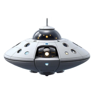 Design a simple, semi-realistic spaceship with a clean and minimalistic design. The ship should have a smooth, rounded shape with a few subtle mechanical details, like small thrusters or panels, but avoid overly complex or advanced features. Add a 'face' to the front of the ship using basic shapes, such as two circular lights for 'eyes' and a curved line or pattern for a 'smile,' giving it a friendly and approachable personality. The design should feel functional yet charming, as if the ship has its own character or consciousness. Use a plain, transparent background with no additional elements, focusing entirely on the ship. The lighting should be soft and even, highlighting the ship's 'face' and overall design. sticker