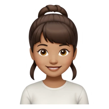 In Apple Memoji format, a girl with dark brown hair. She has bangs and her hair is in a singular high bun. The girl is arab and has light brown skin. She is wearing a white shirt sticker